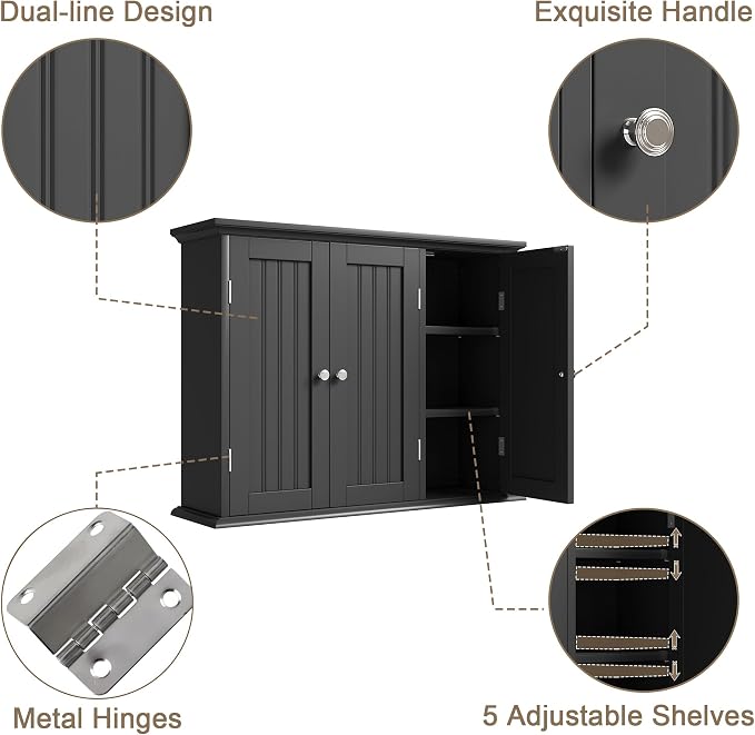 ChooChoo Laundry Cabinet with 3 Doors and Adjustable Shelves | 9.06"D x 31.1"W x 24"H, Bathroom Wall Cabinet, Cupboard, Black