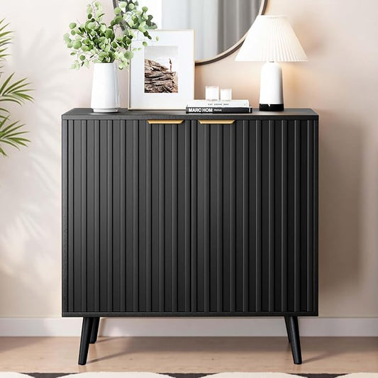 Fluted Storage Cabinet, Buffet Cabinet with Storage, Wood Sideboard with Adjustable Shelf, Modern Accent Cabinet & Console Table for Entryway, Living Room, Dining Room, Black