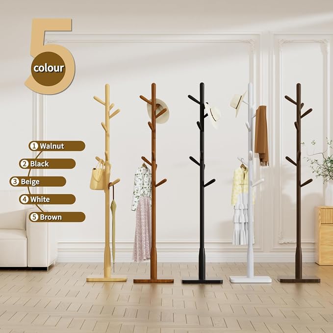 Solid Wood Square Base Coat Rack, Free Standing Hall Coat Tree with 8 Hooks（+2 spare for Coats, Hats, Bags, Purses, for Entryway, Hallway, Rubberwood Hooks,Base and Pole,(Square Base,Brown)