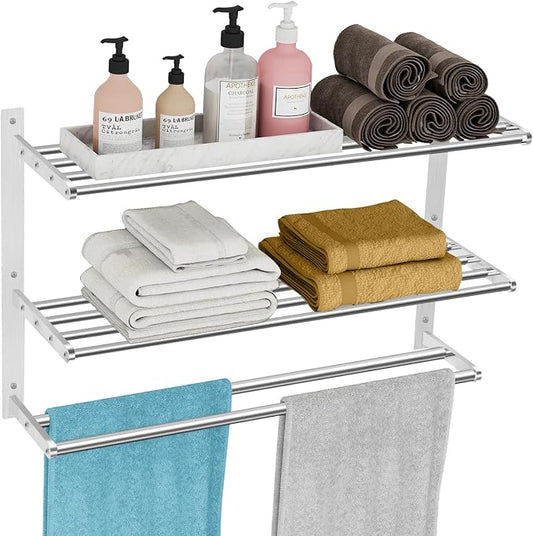 KLJKPA 24 Inch Towel Racks for Bathroom Wall-Mount, 3-Tier, Brushed Nickel | Towel Shelf with Double Towel Bar, Towel Holder, Towel Storage for Bathroom Lavatory, Stainless Steel, Space Saving