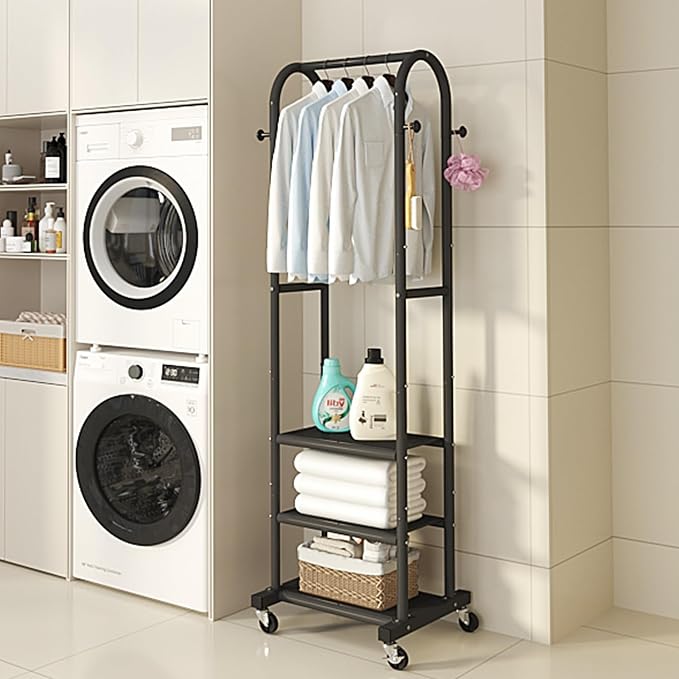Dttwacoyh Clothing Rack with Wheels,Narrow Metal Garment Rack,Black | Easy to install, 71.8 Inches Display Rack with 4 Side Hooks & 3 Shelves,for Small Flats, Bedroom, Entryway,Black Clothes Rack