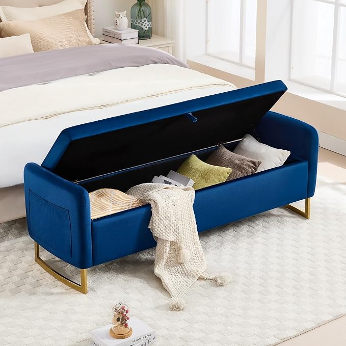 65" Storage Bench for Bedroom, Velvet End of Bed Bench, King Size Bed Benches for Foot with Tufted Button and Gold Legs, Upholstered Window Ottoman Benches with Armrests, Navy Blue
