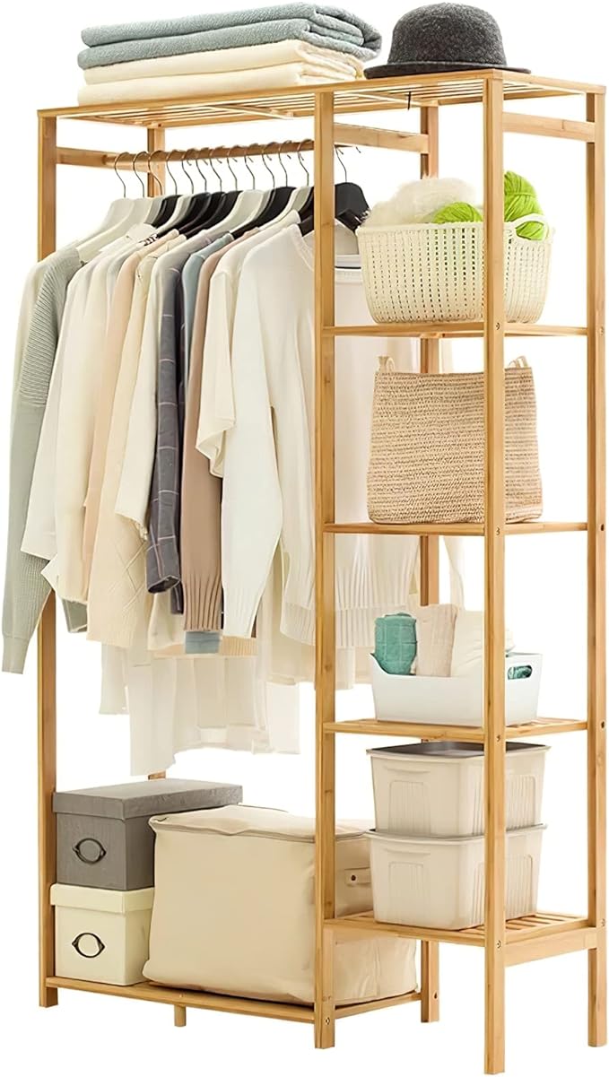 Jotsport Bamboo Clothing Rack with 6 Tier Storage Shelf & Hanging Rod | Portable Clothes Organizer Open Wardrobe Closet for Guest Room Kids Baby Bedroom Entryway