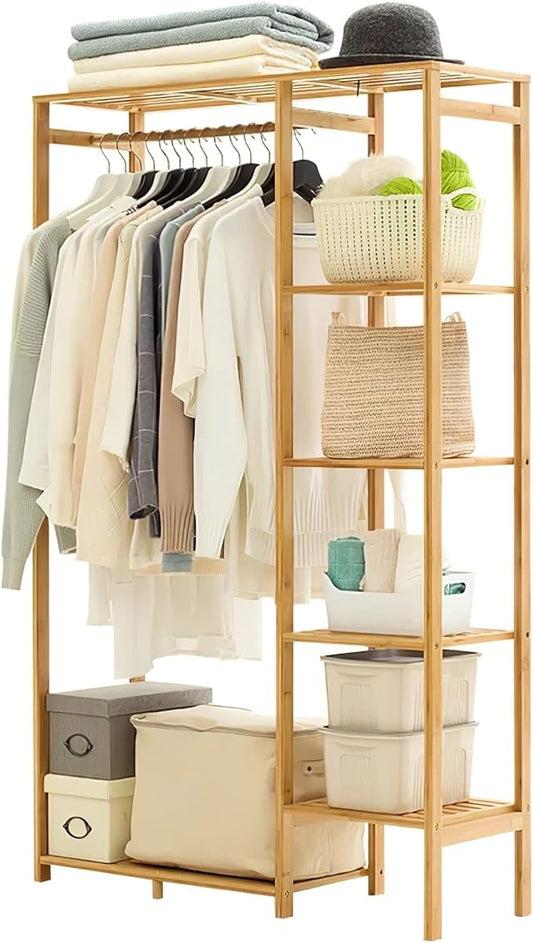 Jotsport Bamboo Clothing Rack with 6 Tier Storage Shelf & Hanging Rod | Portable Clothes Organizer Open Wardrobe Closet for Guest Room Kids Baby Bedroom Entryway