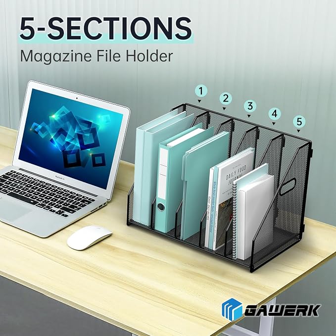 Gawerk 2 Pack Desktop File Magazine Folder Holder 5 Vertical Compartments, Desk Organizer Vertical Magazine Folder Organize with Side Handles, for Office Home School, Black