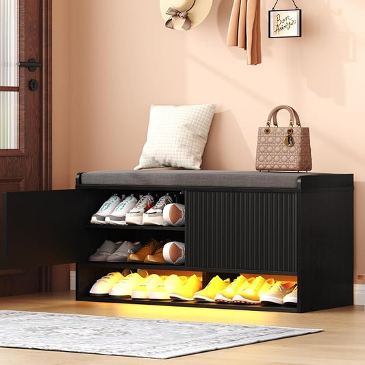 HOMEFORT 39.4" Fluted Shoe Storage Bench, Entryway Bench with Linen Seat Cushion, Shoe Cabinet Bench with Adjustable Shelf and Built-in LED Sensor Light, Bench for Bedroom End of Bed,Black