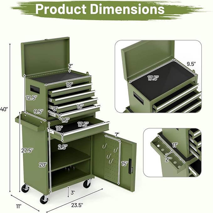 Goplus Tool Chest, 5 Drawers Rolling Tool Cabinet with Detachable Top Toolbox, Universal Lockable Wheels, Lock Bar, Protective Liner & Tool Rack, Metal Tool Storage Cart, Tool Box for Garage Workshop