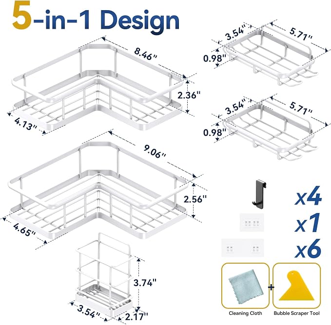 YASONIC Corner Shower Caddy Adhesive, 100% Rustproof Shower Organizer with Soap and Troothbrush Holder, No Drill Shower Shelf for Inside Shower, Wall-Mounted Shower Storage for Homes (5 Pack, White)