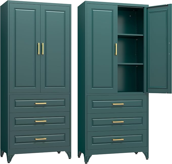 SteeLoong 75" Metal Storage Cabinet with Doors and 2 Adjustable Shelves | Kitchen Pantry Cabinet with 3 Drawers,Green Kitchen Cabinet with 2 Gold Handles,Food Cupboard for Livingroom,Pantry, Bathroom