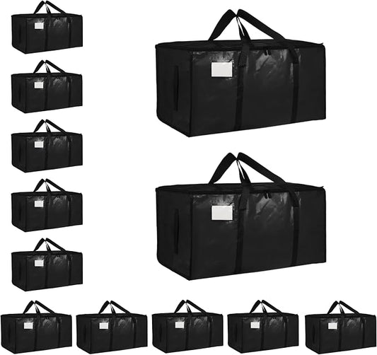 12 Pack-Extra Large Heavy Duty Moving Bags - Waterproof Storage Totes with Handles & Zippers, Foldable for College Dorm, Storage (Black)