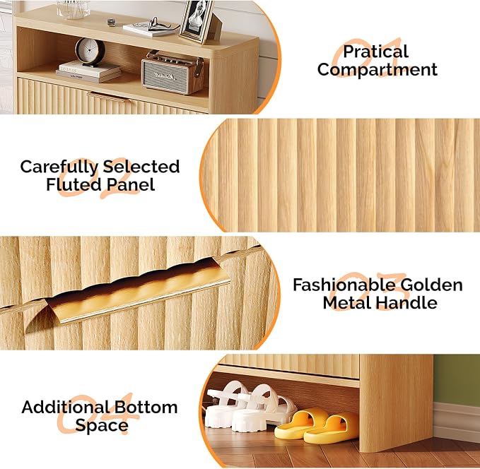 VINGLI Slim Shoe Cabinet with Curved Edges, Modern Hidden Shoe Storage Organizer with 2 Flip Drawers & Open Shelf, Narrow Wood Shoe Cupboard with Fluted Panel & Anti-Tip Kit for Entryway, Oak