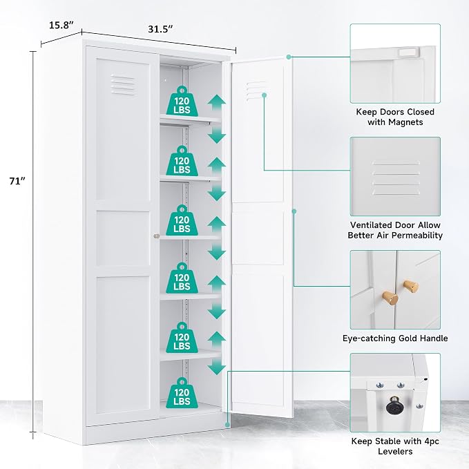 SISESOL 71" Tall Pantry Cabinet with 2 Doors and 5 Shelves,Kitchen Pantry Storage Cabinets,White Metal Storage Cabinet,Wide Deep Food Cupboard for Home,Kitchen,Dining/Living Room