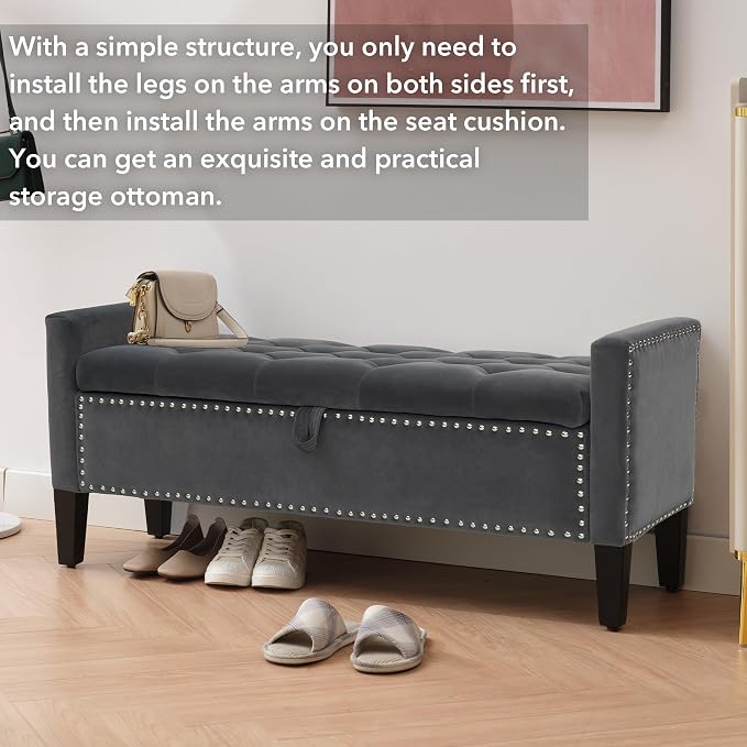 Velvet Ottoman with Storage, 46'' Upholstered Button Tufted End of Bed Bench with Arms, Modern Storage Bench for Living Room, Bedroom, Entryway, Dark Grey