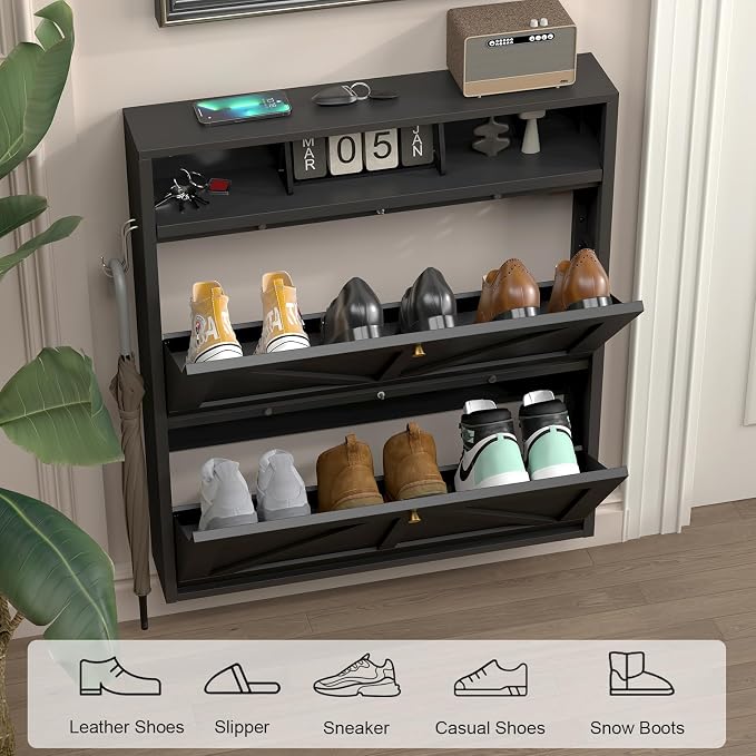 Hidden Shoe Rack, 2 Flip-Down Front Door Shoe Storage, Ultra Slim Shoe Cabinet Wall Mounted, Floating Shoe Storage Cabinet for Entryway, Space-Saving Moeden Cabinet for Small Place, Black