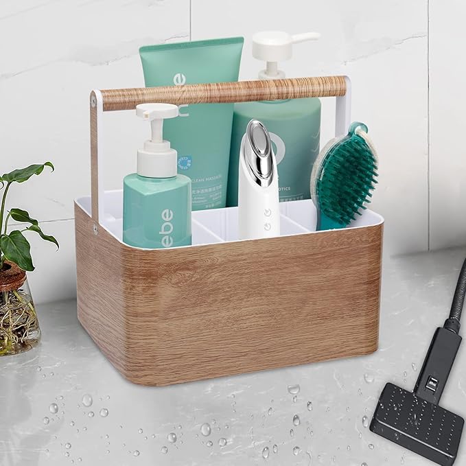 BYUNER Shower Caddy Portable for College: Devided Bathroom Caddy Shower Basket for Dorm with Handle, Plastic Bathroom Counter Organizer Storage Tote Bin for Dorm,Kitchen,Cabinet, Wood Grain