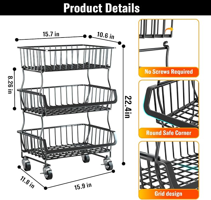 Gsiekare 3-Tier Rolling Pantry Organizer and Storage Cart with Wheels | Stackable wire pantry baskets for pantry shelves, fruit basket stand, easy to move, storage rack for food snack onion potato