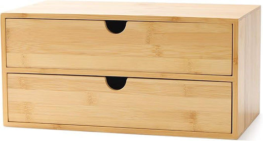 Bamboo Desk Drawer Organizer, Desktop Organizer with Drawers(2 Drawers) | 2 Drawers Open Top Tray Fully Assembled Stores Pens, Notes, Makeup, Jewelry & Toiletries for Office, Vanity & Bath