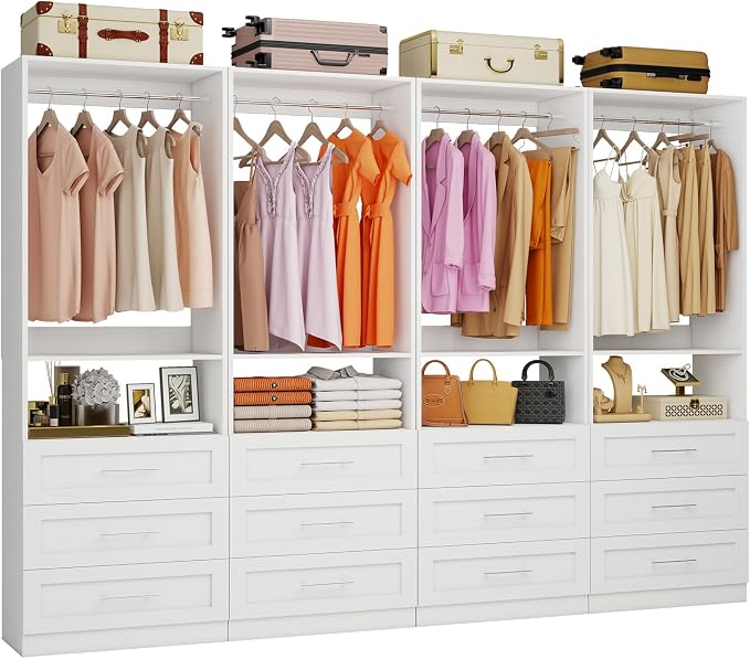 Closet System Sets of 4, 8FT-21FT Customizable Closet Organizer System with 12 Drawers