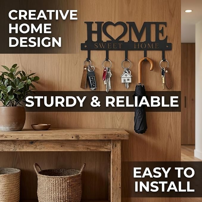 Key Holder Hooks Organizer Hanger Rack Wall Mounted Sweet Home Metal Decor Stylish and Practical for Entryway Front Door Kitchen Hallway Garage Mudroom Office Hardware Included Black (Sweet 13 inches)