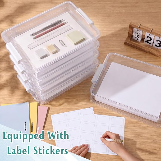 Fullhawl 4 Pcs Thickened Paper Storage Bin with Latching Lid, Label Clear Plastic Stackable Letter Size Tray Storage Container Arts Crafts Classroom Office Home Teacher Sorting (White)