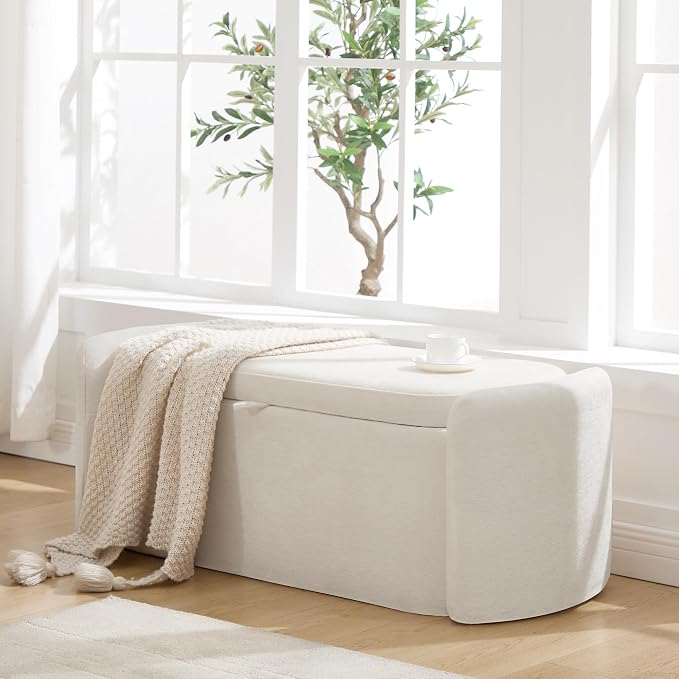 Oval Ottoman Bench with 20 Gal Storage Space Upholstered Chenille Seating End of Bed Storage Bench Storage Ottoman with Storage for Bedroom, Living Room, Entryway, Window (Beige)