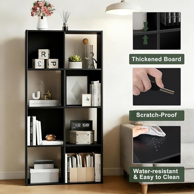 8 Cube Storage Organizer Shelf, Open Cube Bookshelf | Reversible Bookcase, Sturdy Modern Storage for Home Office, Bedroom, Living Room, Deep Black