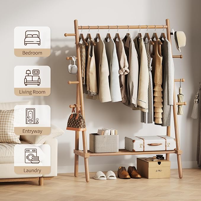 Yoobure Solid Wood Clothes Rack - Heavy Duty Clothing Racks for Hanging Clothes with 8 Hooks, Portable Garment Rack for Dress Shirt Shoe, Freestanding Wardrobe Coat Racks with Shelf for Closet Bedroom