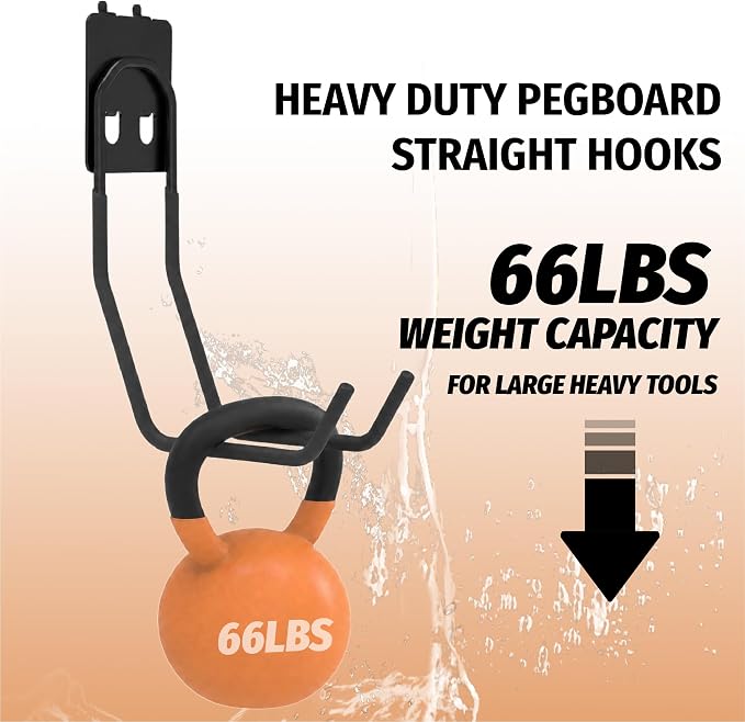 HUHOLE 6 Pack Large Double Arm Pegboard Hooks for 1/4 Inch Pegboard | Tool Holders with 66 lb Capacity for Leaf Blower, Weed Eater, Pipes, Hoses, Ladders, Garage and Workshop