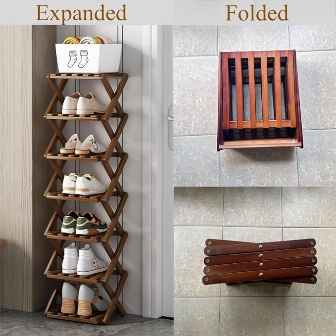 6 Tier Foldable Shoe Rack, Bamboo Vertical Shoe Organizer Tall for Multifunctional Narrow Shoe Shelf for Entryway, Closet, Corner, Bedroom, Hallway(Brown)