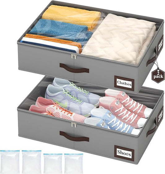 OIAHOMY 2 Pack Under Bed Storage with Handles, Underbed Container for Bedroom & Closet, Fits Beds Higher than 6", Under the Bed Storage for Seasonal Clothes, Blankets & Shoes - Grey