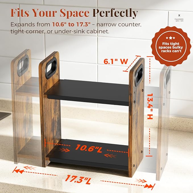 2-Tier Expandable Spice Rack Organizer for Countertop, 10.6"-17.3" | Metal & Wood ,Adjustable Height Spice Racks Shelf for Counter Cabinet Coffee Station, Space-saving Kitchen Storage Shelves