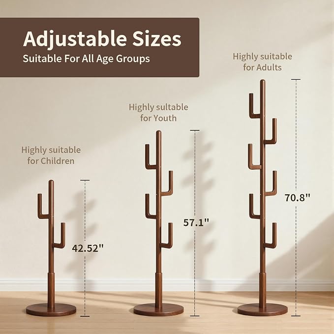 Coat Rack,Solid Wood Cactus Freestanding Coat RackWith 6 L-Shaped Hooks and 3 Adjustable Sizes,Coat Tree for Bedroom, Entryway, Livingroom, Coat Hanger Stand for Coats, Handbags (Walnut)