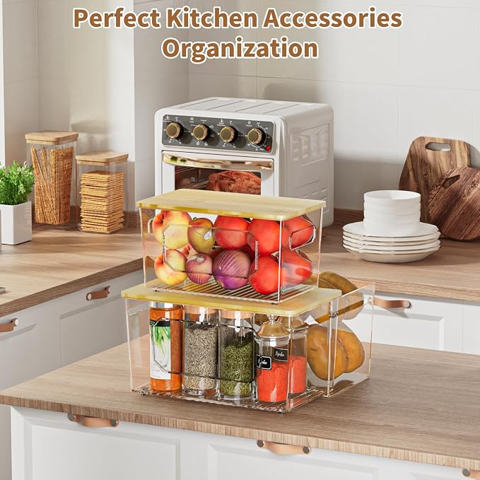 spospo Trash Bag Holder 3-in-1 Under Sink Organizer with Bamboo Lid | Acrylic Trash Bag Dispenser with Pull-Out Basket for Cleaning Supplies, Garbage Bag Holder for Kitchen Laundry Room Storage