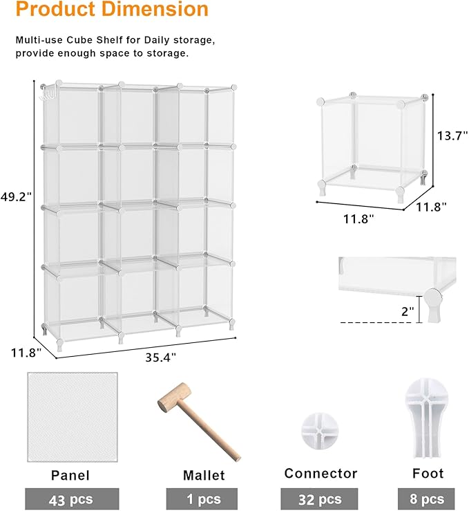 AWTATOS Closet Organizers, 12 Cube Storage Organizer, Transparent Twill | Portable Closet Organizers Storage Shelves, DIY Stackable Plastic Clothes Organizer Shelving for Home, Bedroom