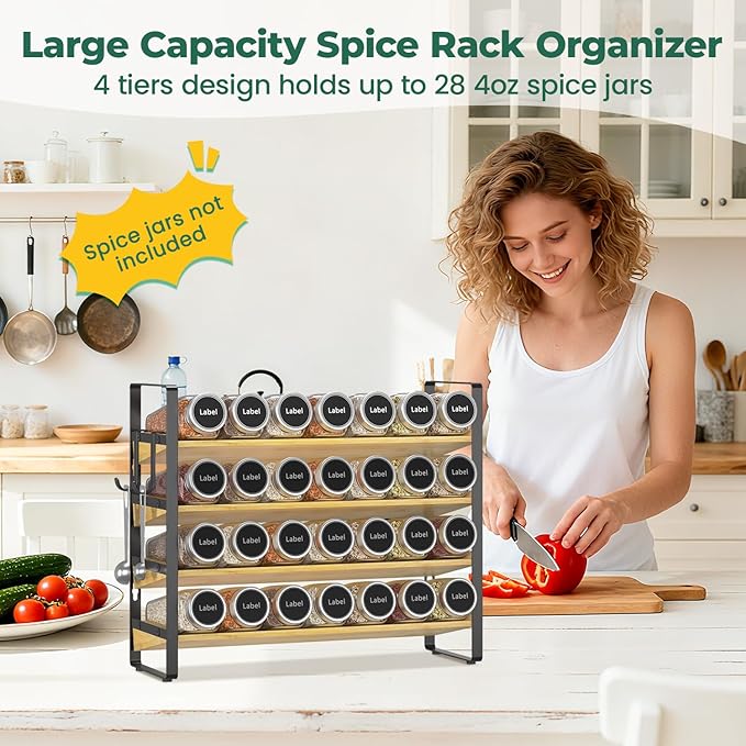 EsLuker.ly Spice Seasoning Rack Organizer Kitchen Countertop, 4 Tier Bamboo | Spice Shelf Holder Storage with 4 Hooks, Wall Mounted Freestanding Stand for Pantry, Quick Spice Access(Jars Not Included)