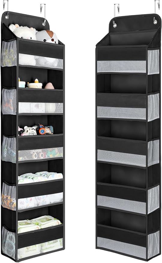 Yecaye 1 Pc Over the Door Organizer with 5 Bins 10 Side Pockets, 44lbs Load Hanging Bathroom and Bedroom Organizer, behind the Door Hanging Organizers for Nursery Newborn Baby Essential Stuff Black