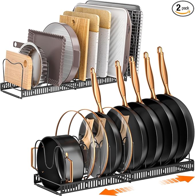 MUDEELA Expandable Pot Pan Lid Organizers inside Cabinet, 10 Divider 2-Pack | Expandable 11.8–22.9", 10 Adjustable Divider, Tool-Free Assembly, Non-Slip, Scratch-Proof, For Pan Lid Cutting Board Bakeware