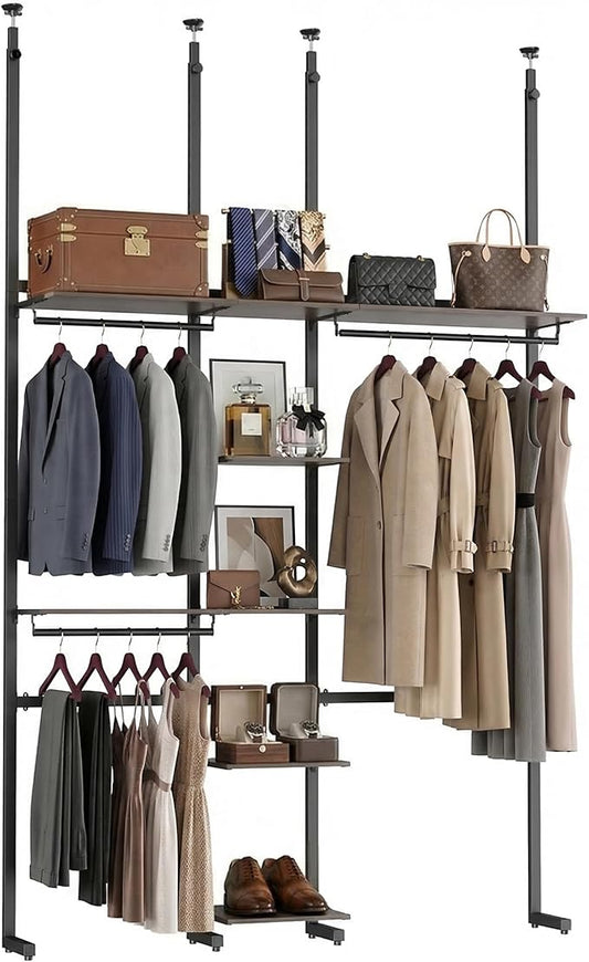 MZG Closet Organizer System, Freestanding Closet System with Wood Shelves & Hanging Rod, Adjustable Floor-to-Ceiling Open Wardrobe for Bedroom, Apartment & Walk-In Closet (16.8" D x72.1 W x 137.9" H)