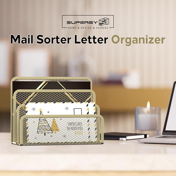 Mail Organizer Countertop for Desk, Mail File Holder with 3-Slot, Yellow | Metal Mesh Mail Sorter for Letters, Envelopes, Bills, and Files for Home Offices, Classroom Organization