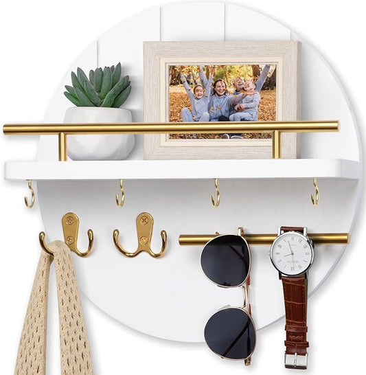 Nekon Key Holder Wall Mount, 11.8 Inch Rack With Shelf and 6 Hooks, Rustic Mail Organizer, Circular Wooden Hanger for Entryway Hallway Kitchen (White&Gold)