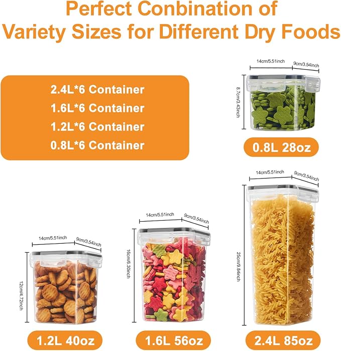 24 PCS Airtight Food Storage Containers with Lids, BPA Free Clear Plastic Kitchen and Pantry Organization and Storage Set for Flour, Sugar, Cereal, Pasta, Includes 24 Labels and Marker
