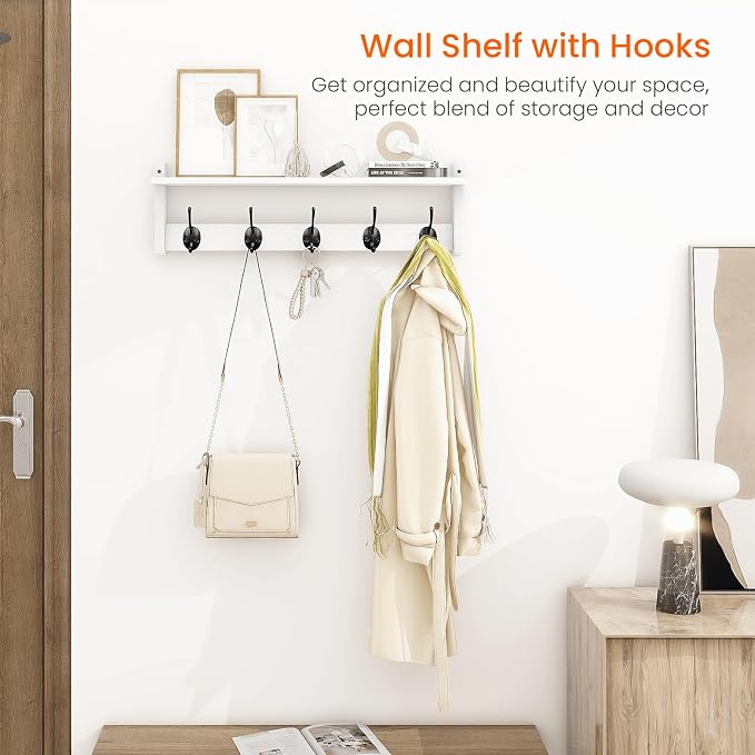 Homode Coat Rack with Shelf Wall Mount, 24 Inch Long Wall Shelf with Hooks Underneath, Wood Hanging Coat Hanger with Hat Shelves for Entryway, Bathroom, Mudroom, White
