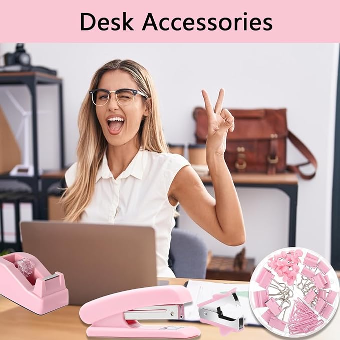 Office Supplies,Pink Desk Accessories,Office Supplies Set,Stapler and Tape Dispenser Set,Scissors,Staple Remover,Binder Clips,Staples,Ballpoint Pen,Index Tabs with Ruler,Clear Tape.9pcs for Office