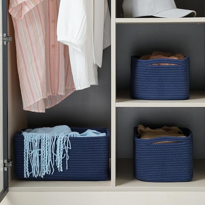 3-Pack Storage Baskets for Organizing | Woven Shelf Toy Basket | Rope Baskets for Gifts Empty | Closet Organizer Bins with Handles | Cube Decorative Box | 13.7×7.1×6.7” | Navy Blue