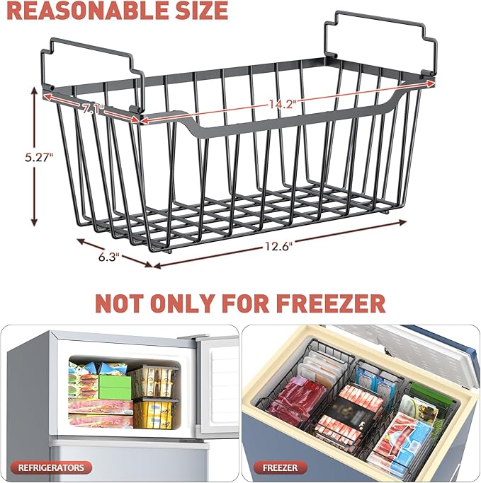 Goovilla Freezer Organizer Bins for 5-7 Cu.FT Chest Freezer, 4 Pack Black | Foldable Handle Stackable Freezer Baskets, Coated Metal Freezer Storage Bins with Better Space Utilization, Deep Organization