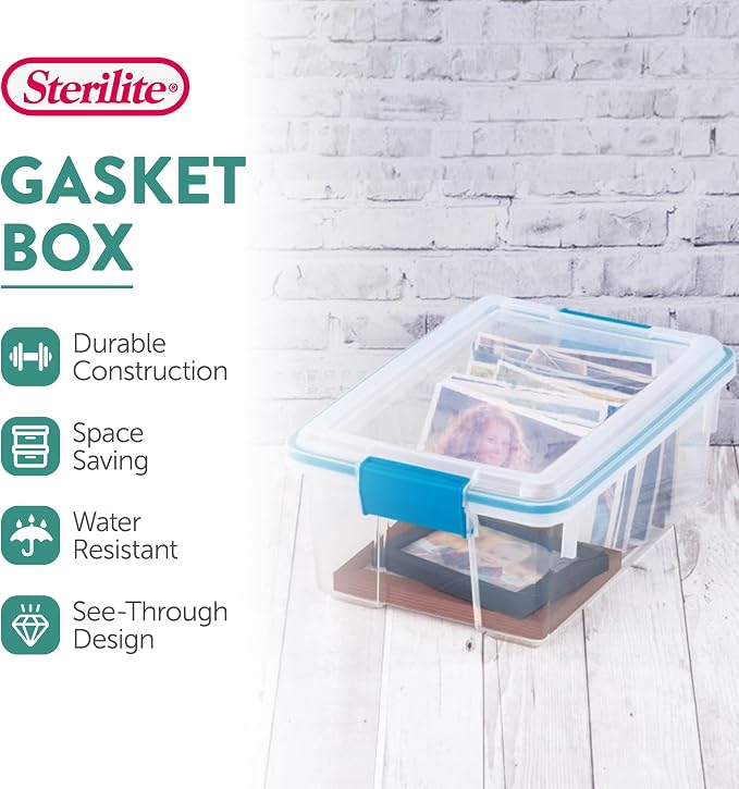 Sterilite Gasket Storage Box with Lids for Home & Office, 12 Quart, 6-Pack | Heavy-Duty, Stackable, and Organizing Containers for Bathroom, Cabinet, Closet, and Garage, Clear and Blue Aquarium Latches