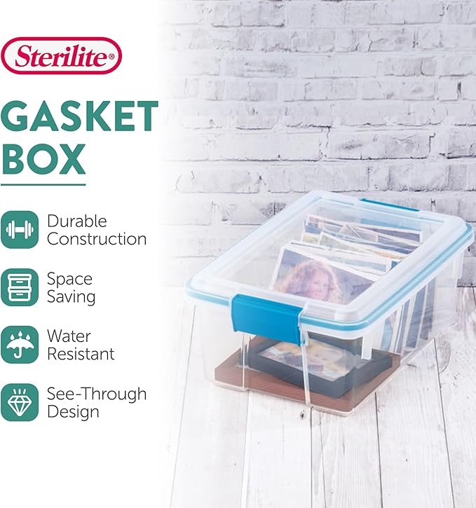 Sterilite Gasket Storage Box with Lids for Home & Office, 12 Quart, 24-Pack | Heavy-Duty, Stackable, and Organizing Containers for Bathroom, Cabinet, Closet, and Garage, Clear and Blue Aquarium Latches