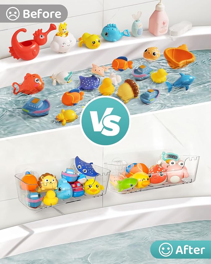 Bath Toy Storage Organizer 4 Pack, Clear Bath Toy Holder with Drain Holes | Durable Plastic Bathtub Toy Storage for Bathroom, Quick-Dry Drainable Shower Caddy, Easy to Clean (Plastic 4 Pack)