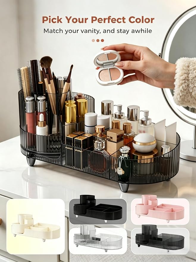 Booklov Rotating Makeup Organizer for Vanity Countertop, Smoke | Clear Acrylic Cosmetic Display Case, Large Beauty Brush Holder for Bathroom Counter, Skincare Lipsticks Storage