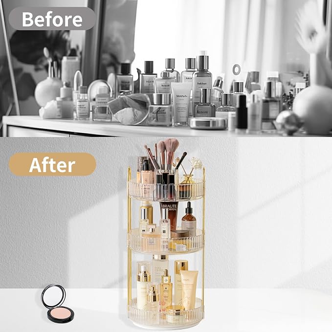 Asayuee 360 Rotating Makeup Organizer,3 Tier Large Capacity Make Up Organizers and Storage,Skincare Perfume Vanity Organizers,Bathroom Cosmetics Storage Organizer Countertop(Clear)
